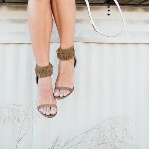Joie Alek Olive Tan Brown Fringe Suede Heel Sandal 36 1/2 US 6.5